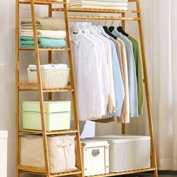 House of Quirk Bamboo Wood Garment Clothing Rack with 5 Tiers Storage Shelf Corner Hanging Rack  - Light Brown 130CM DIY RACK-picture-44