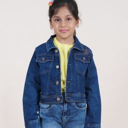 Kiddopanti Full Sleeves Back Peacock Patch Detailed Crop Denim Jacket - Dark Blue-image-32