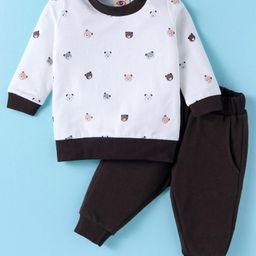 Zero Cotton Knit Full Sleeves Bear Printed Winter Wear T-Shirt & Joggers Set - Off White & Brown-image-66