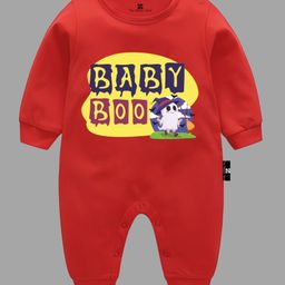 The Peppy Tend Halloween Theme 100% Cotton Full Sleeves Baby Boo Text Printed Romper - Red-picture-14