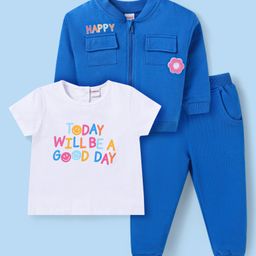 Babyhug Terry Knit Full Sleeves Front Open Floral Embroidered Sweatshirt & Lounge Pant Set with Text Printed T-Shirt -Blue & White-image-53