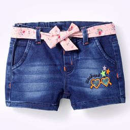 Olio Kids Denim Knit Above Knee Length Shorts with Star Embriodery & Floral Printed Belt - Navy Blue-image-40