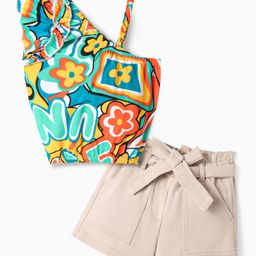Ollington St. 100% Cotton Knit Sleeveless Floral Print Top & Shorts with Paperbag Waist - Light Blue Orange & Beige-image-53