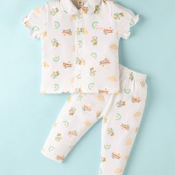 ToffyHouseCotton Knit Half Sleeves Night Suit with Bear Print - White-image-58