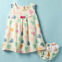 Dew Drops Cotton Woven Sleeveless Frock With Bloomer & Heart Print - White & Pink-image-61