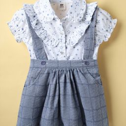 ToffyHouse Knit Half Sleeves Top & Skirt Set With Star Print & Suspender - White & Light Blue-image-1