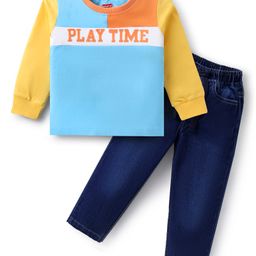 Babyhug Terry Knit Full Sleeves Cut & Sew T-Shirt & Denim Jeans Set with Text Patch Detailing - Blue & Yellow-image-61