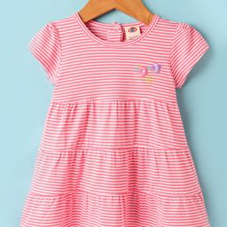 Zero Sinker Knit Half Sleeves Striped Frock With Floral Embroidery - Pink-picture-25