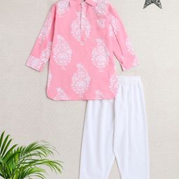 The Magic Wand Cotton Full Sleeves Floral Printed Kurta With Pyjama Set - Pink-image-59