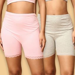The Mom Store Cotton Pack Of 2 Solid High Waist Maternity Shorts - Grey & Pink-image-62