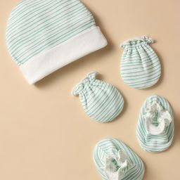 Ben Benny 100% Cotton Knit Cap Mittens & Booties Set With Strips Sea Green - Diameter 9 cm-image-59