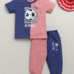 BUMZEE Cotton Knit Half Sleeves Color Blocked T-Shirt & Lounge Pant Set With Foot Ball Print - Pink & Navy Blue-image-38