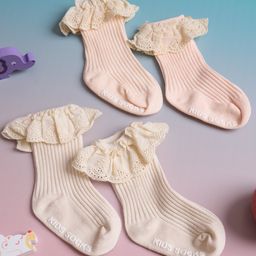 Kicks & Crawl Cotton Pack Of 2Schiffli Embroidered Pleated Socks - Multi Colour-image-91