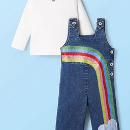 Babyhug Cotton Knit Full Sleeves Dungaree Style Jumpsuit With Rainbow Embroidery - Blue & White-picture-40