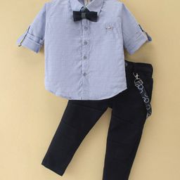 Dapper Dudes Full Sleeves Textured Shirt & Pant With Bow & Suspender Set - Lilac-image-39