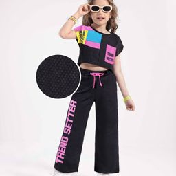 OLLINGTON ST. Cotton Half Sleeves Colorblocked Top & Knit Trackpant - Multicolor & Black-picture-8