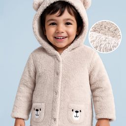 Babyhug Fur Knit Full Sleeves Hooded Winter Fur Jacket With Ear Applique - Beige-picture-22