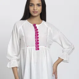 SHAYE Women Round Neck White Kantha Stitch Detailing Long Sleeves Ethnic Kurtis-picture-18
