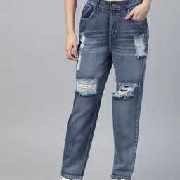 SASSAFRAS Women Blue Pure Cotton Comfort Fit High-Waist Highly Distressed Jeans-picture-47