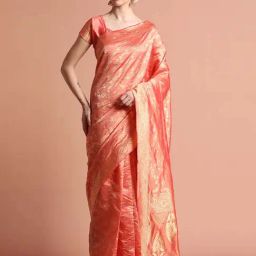 Jaipur Kurti Coral Woven Saree With Unstitched Blouse-image-21