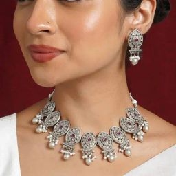 Teejh Kishori Silver Oxidised Ruby Necklace Set-28