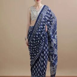 Jaipur Kurti Navy Blue Mulmul Cotton Regular Fit Print Saree-image-51