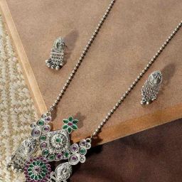 Teejh Nanda Silver Oxidised Ruby Green Necklace Set image 2