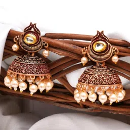 Karatcart Antique Gold-Plated Polki Kundan Studded Maroon Meena Jhumki Earrings for Women image 1