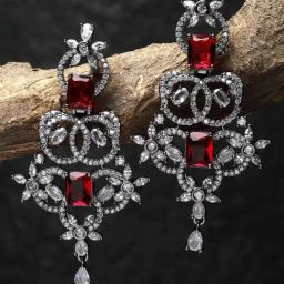 Karatcart Black-Plated Red Cubic Zirconia Studded Dangler Earrings for Women-17
