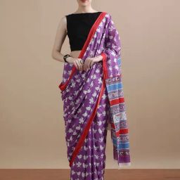 Jaipur Kurti Purple Mulmul Cotton Regular Fit Print Saree-picture-23