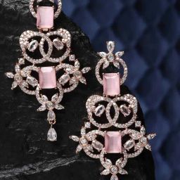 Karatcart Rose Gold-Plated Pink Cubic Zirconia Studded Dangler Earrings for Women-image-2