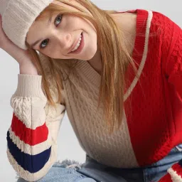 Only Beige & Red Color-block Pullover image 1