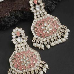 Karatcart Gold-Plated Peach Meena Kundan Dangler Earrings for Women-0
