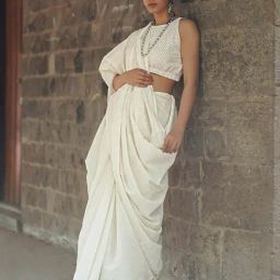 Chidiyaa Safed Sleepy Shell Ivory Block Printed Saree-image-59