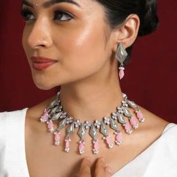 Teejh Roopmati Silver Oxidised Pink Necklace Set-image-32