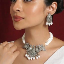 Teejh Ranakadevi Silver Oxidised White Necklace Set-11