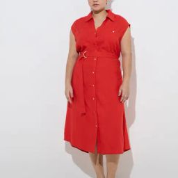 Gia by Westside Red Solid Linen-Blend Shirt Dress with Belt-image-44