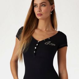 GUESS Women Solid Henley Neck Cotton T-shirt-image-26