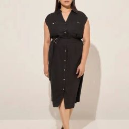 Gia by Westside Black Solid Linen-Blend Shirt Dress with Belt-image-75