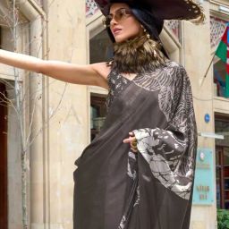 Vardha Charcoal Grey Printed Saree With Unstitched Blouse image 5