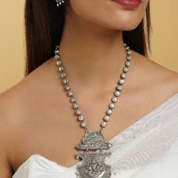 Teejh Maitraka Silver Oxidised White Necklace Set-11