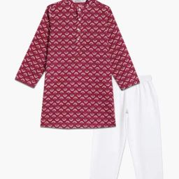 Campana Kids Maroon & Off White Cotton Printed Full Sleeves Kurta & pyjama-image-93