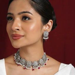 Teejh Kashibai Silver Oxidised Necklace Set-image-51