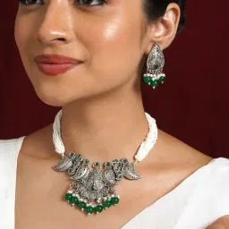 Teejh Vasundhara Silver Oxidised Green Necklace Set-image-17