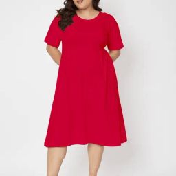 BRINNS Maroon Cotton Solid A Line Dress-image-32