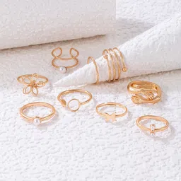 Jewels Galaxy Set Of 9 Gold-Plated Beaded Contemporary Stackable Finger Rings-21