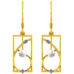 BIS Hallmarked 18k Gold Diamond Rectangular Earrings with A Pearl Drop for Women & Girls-image-80