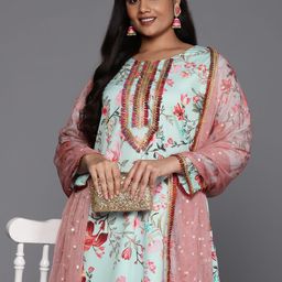 A PLUS BY AHALYAA Plus Size Floral Printed Zari Kurta with Palazzos & Dupatta-picture-21