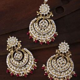 Peora Gold-Plated Kundan & Pearl Studded Maang Tikka Earring Traditional Jewellery Set-picture-7