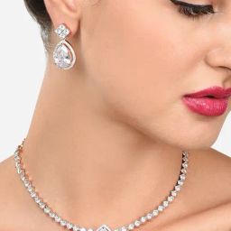 Zaveri Pearls Rose Gold Dazzling Cubic Zirconia Contemporary Necklace & Earring Set-ZPFK15946-image-68